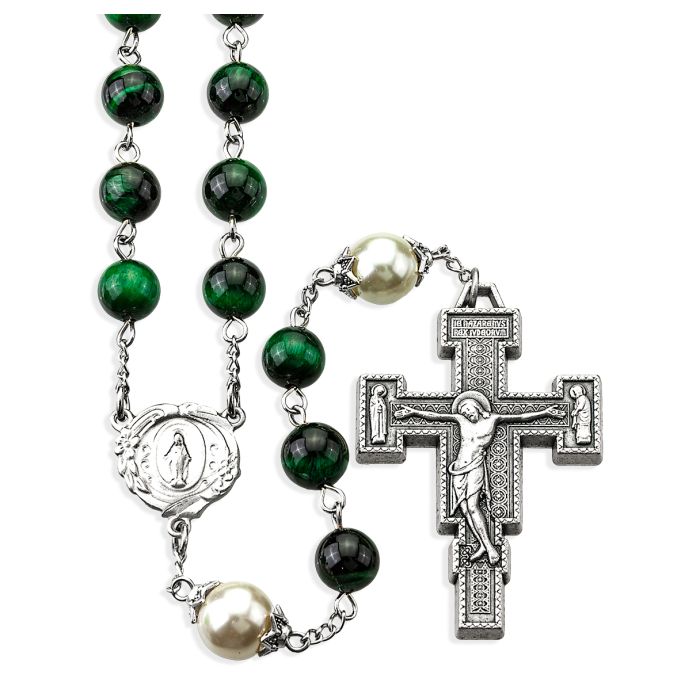 DELUXE GREEN TIGER EYE BEAD ROSARY, BOXED