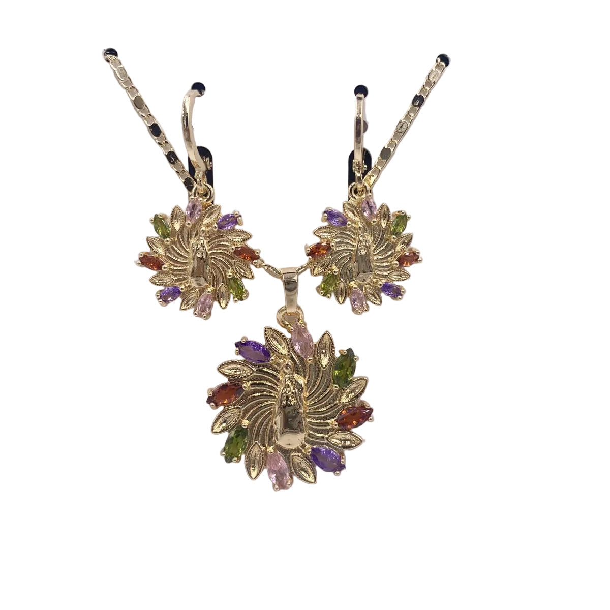 OUR LADY OF GUADALUPE  MULTI COLOR RHINESTONE FLOWER NECKLACE WITH EARINGS SET