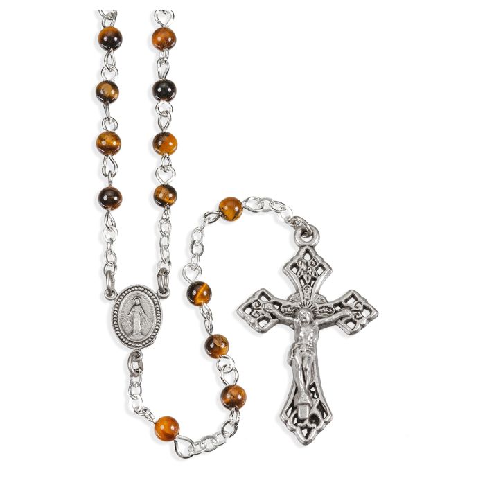 GENUINE TIGER EYE GEMSTONE BEAD ROSARY, BOXED