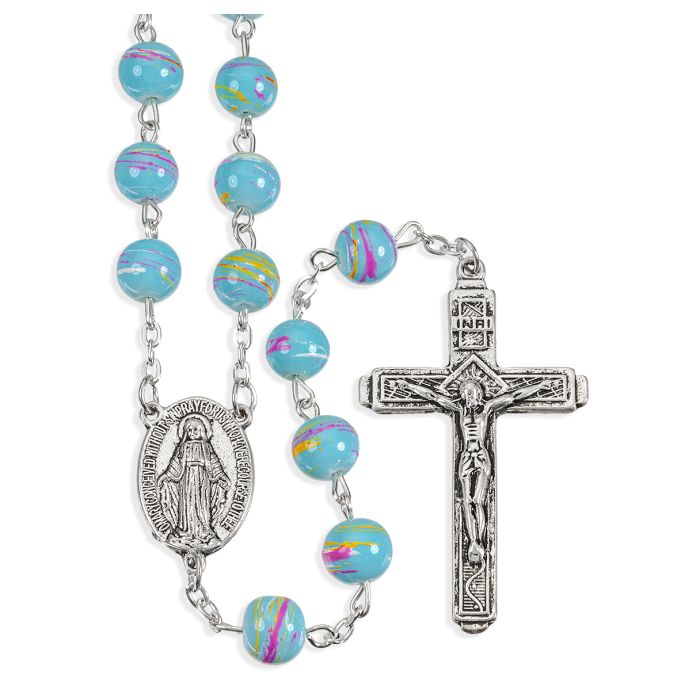 Aqua Colored Swirl Glass Bead Rosary