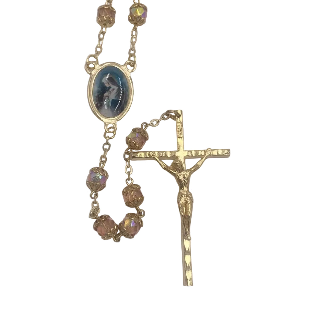 23" GOLD AND PINK ROSARY WITH MYSTICAL ROSE CENTER