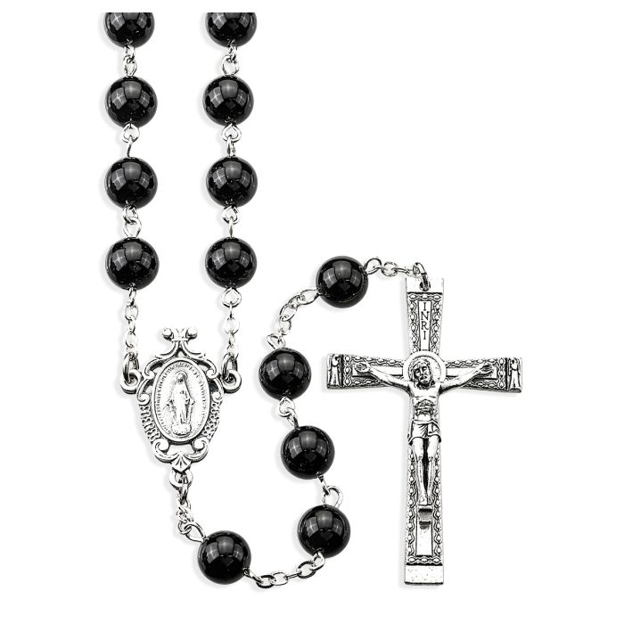 8mm Genuine Onyx BLACK Stone Bead Rosary, Boxed