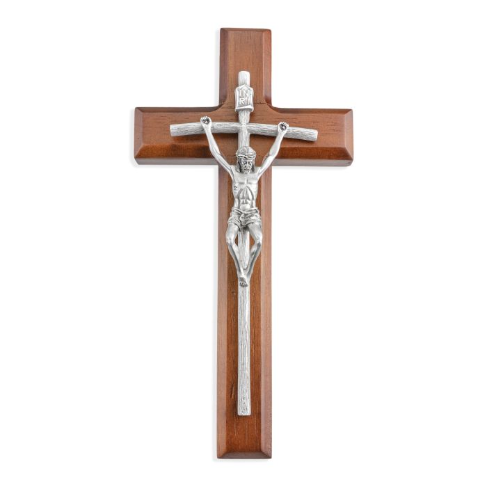 8" HAND POLISHED GENUINE PEWTER PAPAL CRUCIFIX MOUNTED ON 10" WALNUT CROSS  D2"BODEGA CUADROS RUSTICOS"