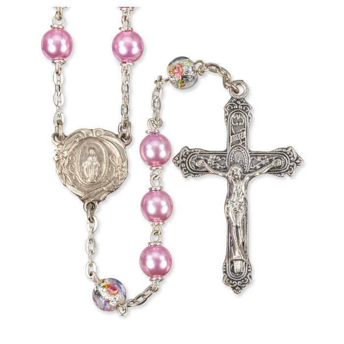 PNK PEARL BEAD ROSARY WITH FLORAL OUR FATHER BEADS