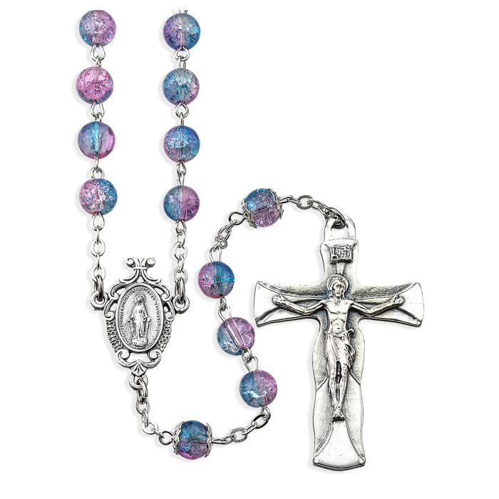 Aqua and Fuchsia Crackle Bead Rosary, Boxed