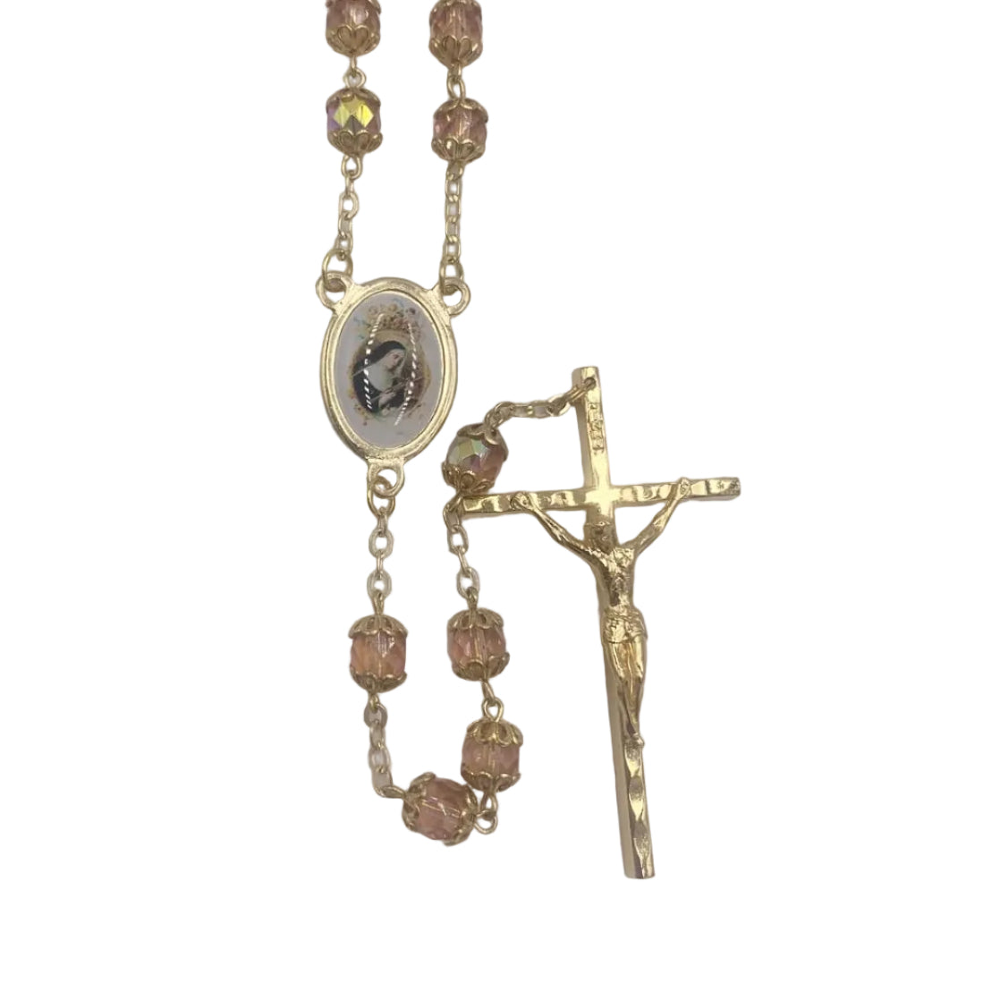 23" GOLD AND PINK ROSARY WITH ST RITA CENTER
