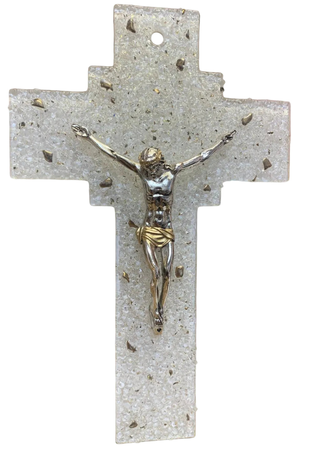 10 X6.5" MURANO WHITE GLASS WITH GOLD CRUCIFIX D-5