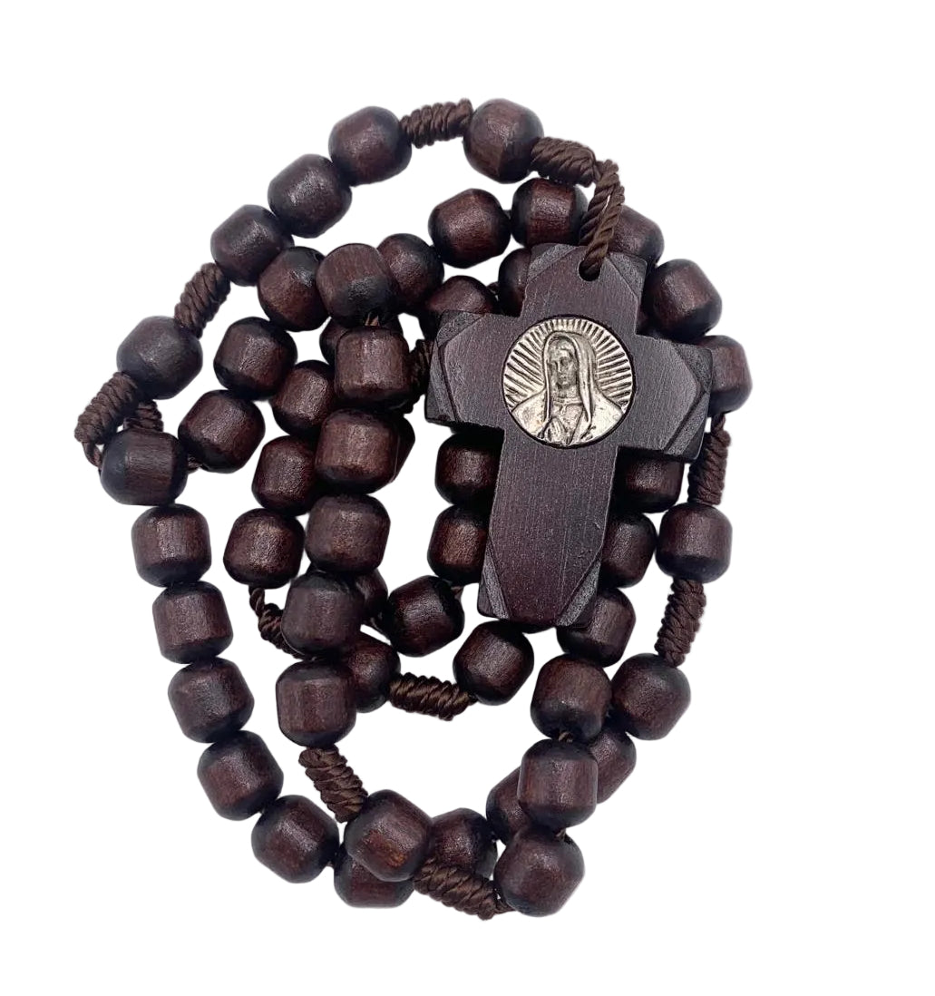 OUR LADY OF GUADALUPE BROWN WOOD BARREL BEAD ROSARY
