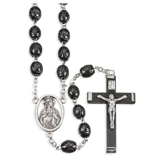 Black  ROUND Wood Carved Bead Rosary
