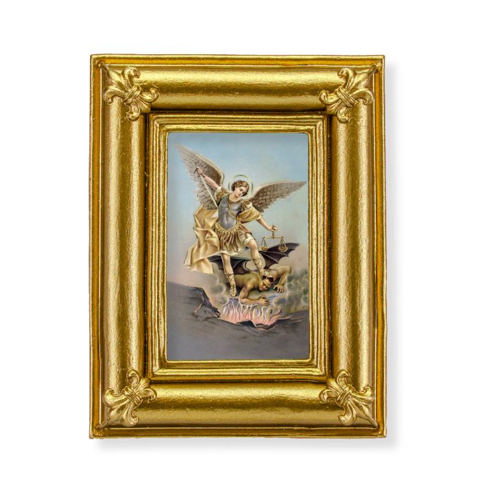 Gold Frame with Fleur de lis Corners and a Saint Michael Print-P65