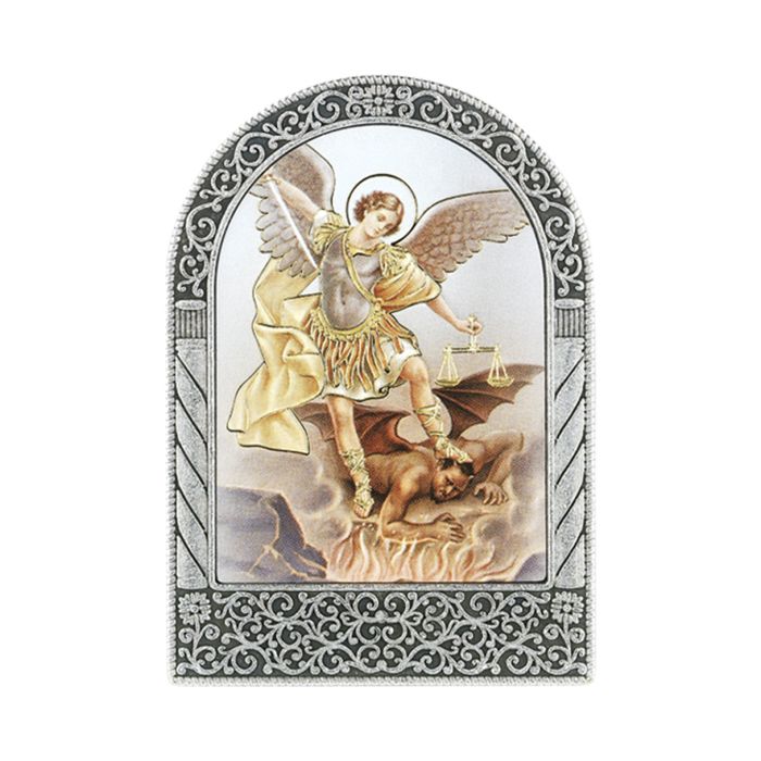 Antique Silver Metal Arched Easel with Gold Embossed St Michael Print