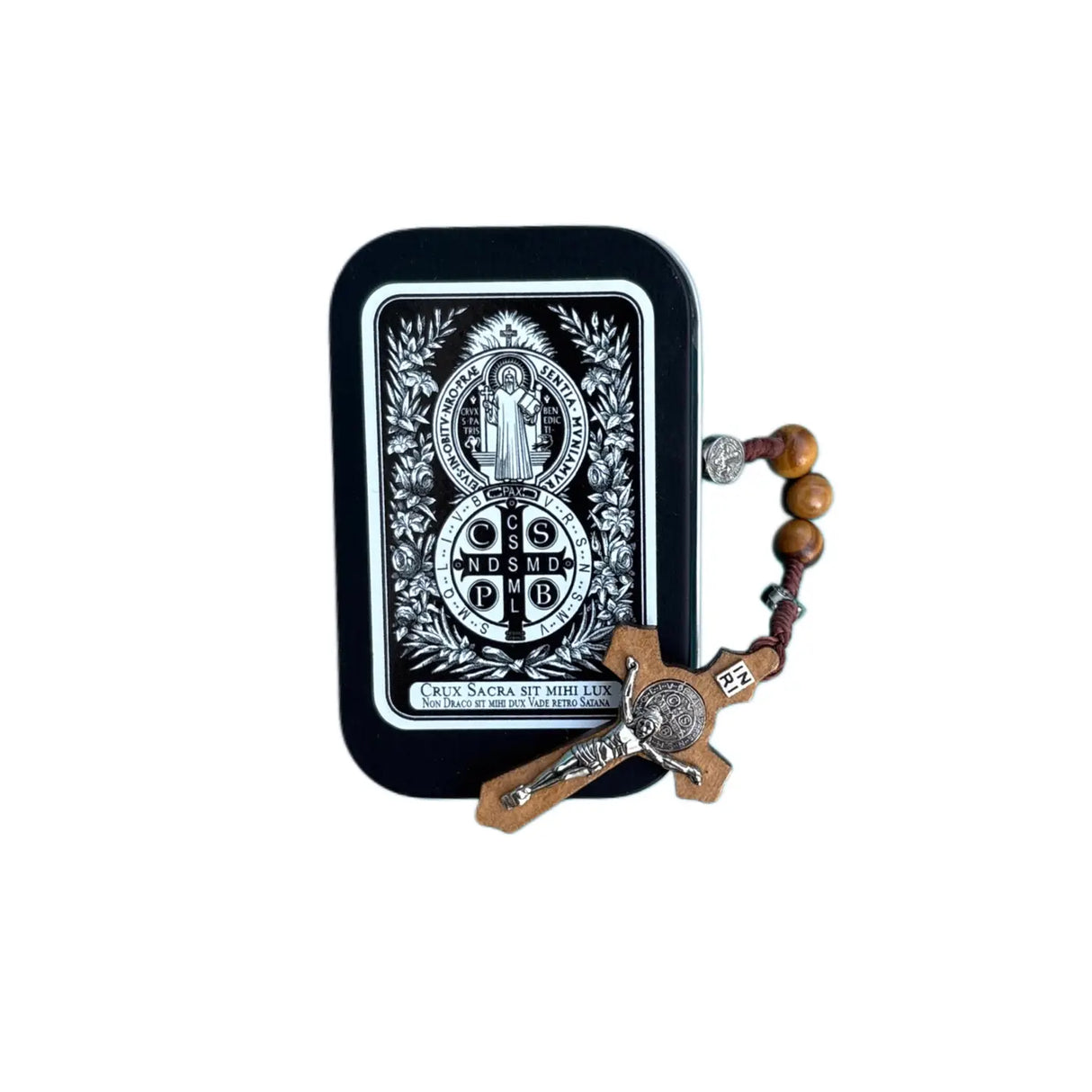 St. Benedict Wooden Rosary in Tin- Caja de metal negra