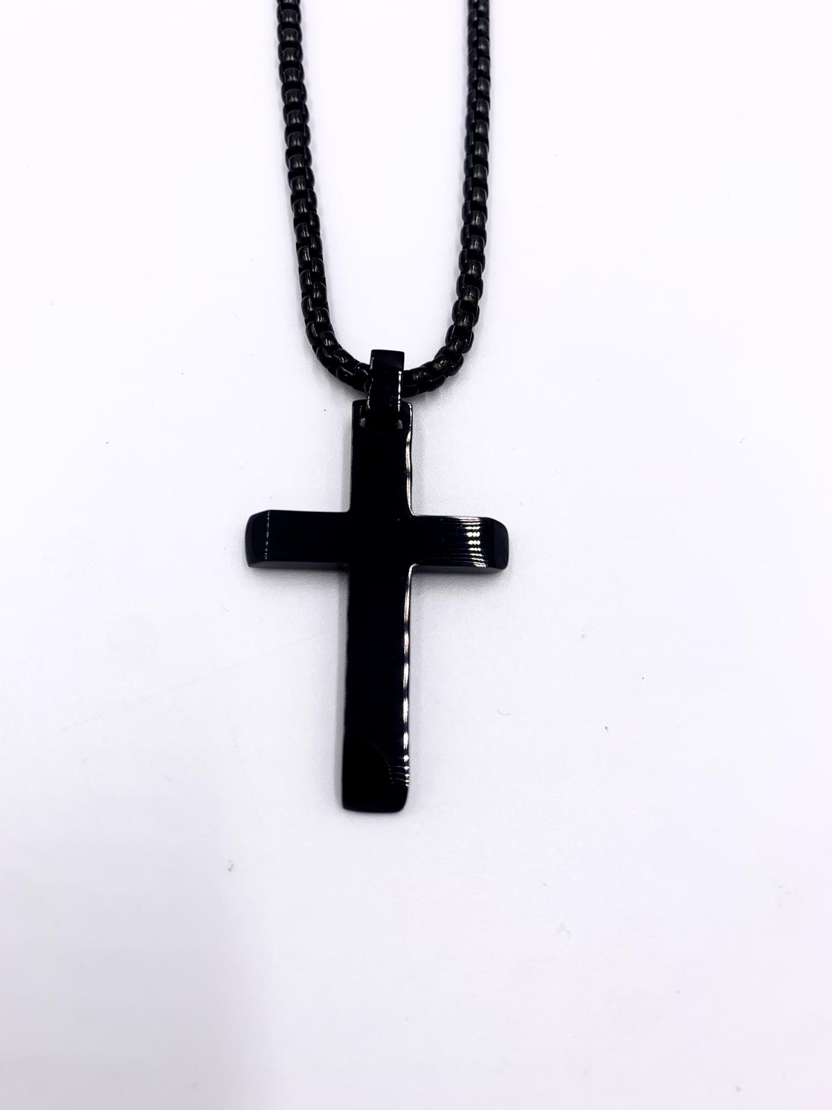 MEN'S BLACK PLATED STAINLESS STEEL CROSS NECKLACE