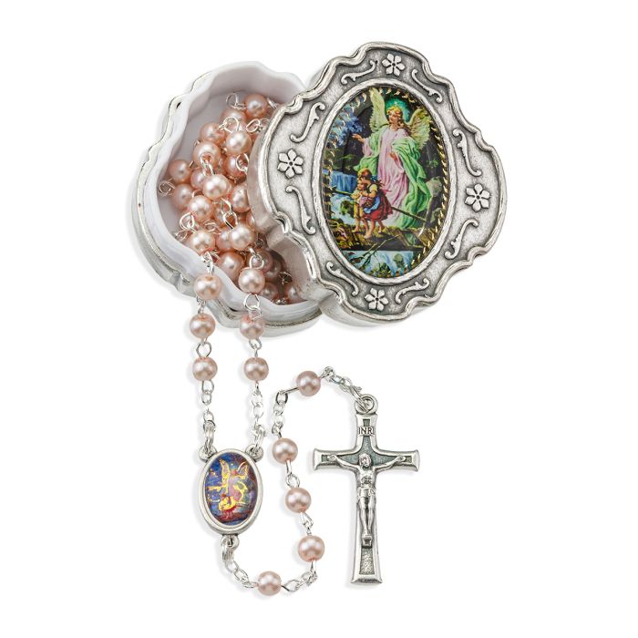 4mm Light Blue Pearlized Bead Rosary with Picture Center and Fancy Crucifix in Metal Keepsake Box
