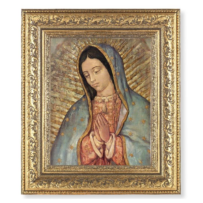 12 1/2" x 14 1/2" Ornate Gold Leaf Antique Frame with 8" x 10" Gold Bust of Our Lady of Guadalupe Print D-1