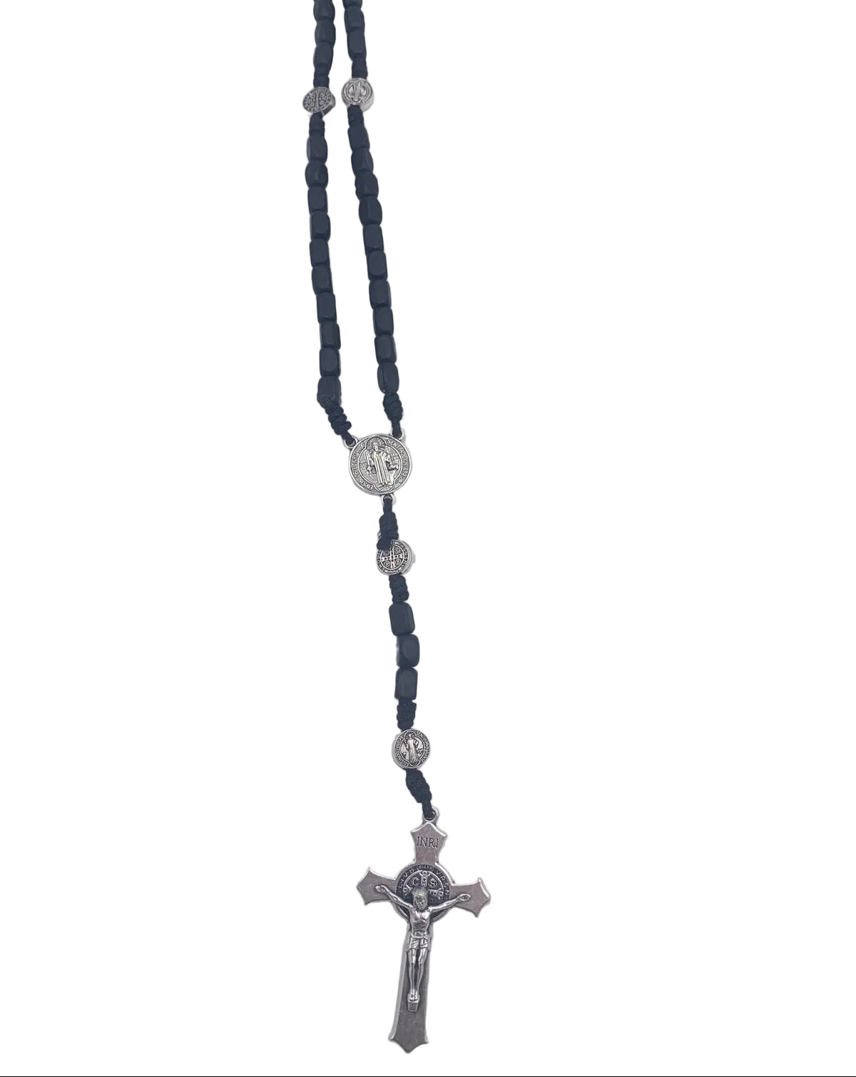 ST. BENEDICT  RECTANGLE BLACK WOOD BEADS WITH CLASP ROSARY