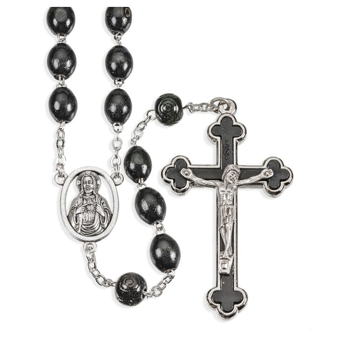 Black Oval Wood Bead Rosary