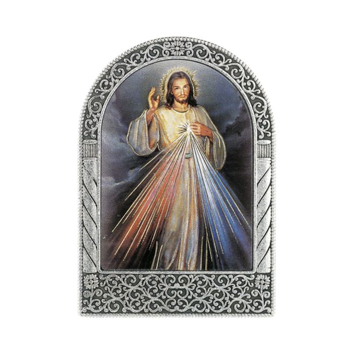 Antique Silver Metal Arched Easel with Gold Embossed Divine Mercy Print