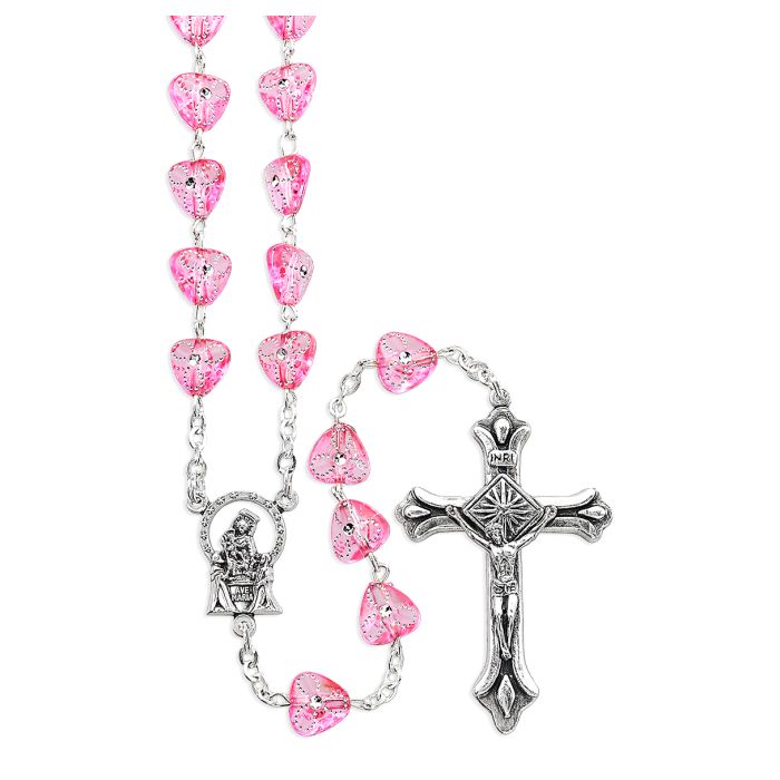 PINK ETCHED HEART SHAPED ROSARY