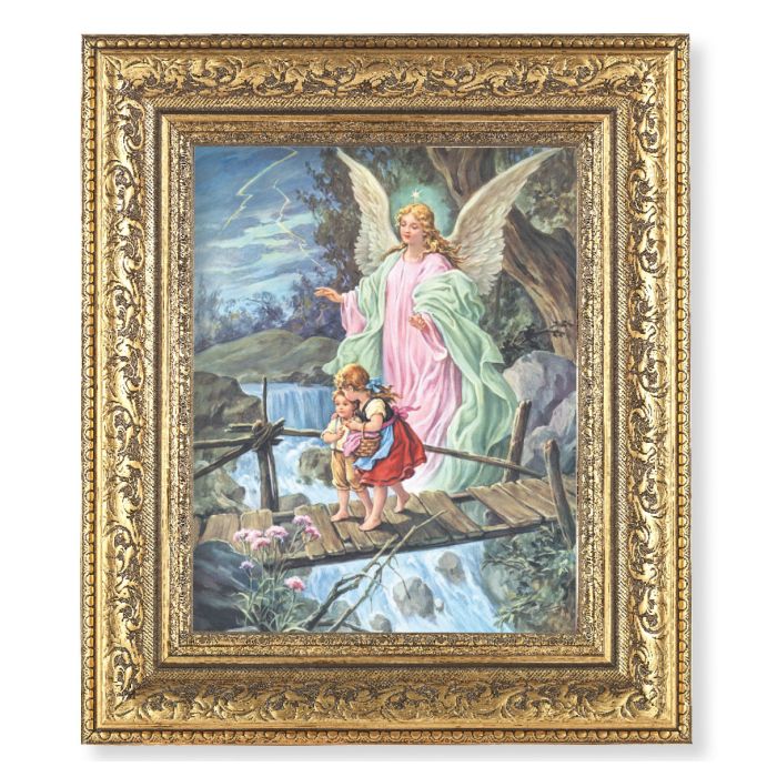 12 1/2" x 14 1/2" Ornate Gold Leaf Antique Frame with 8" x 10" Guardian Angel Print D-1