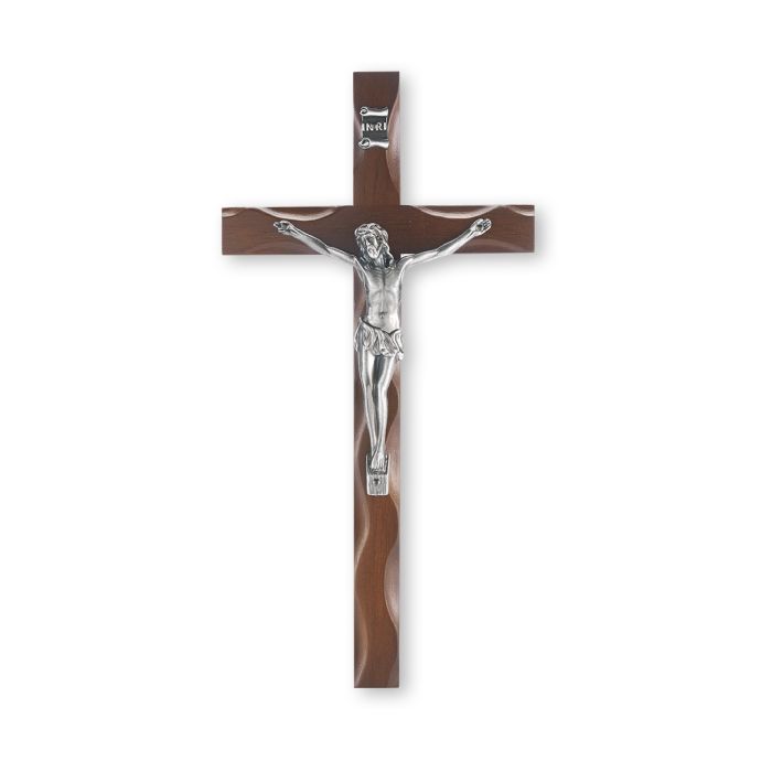 10" Walnut Knotched Crucifix with Antique Silver Finish Corpus-P65  D2"BODEGA CUADROS RUSTICOS"