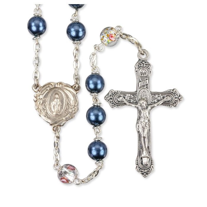 BLUE PEARL BEAD ROSARY WITH FLORAL OUR FATHER BEADS