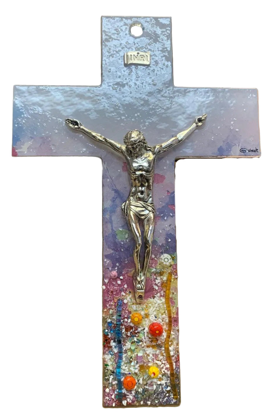 10" MURANO GLASS FLOWER  DECAL CRUCIFIX D-5