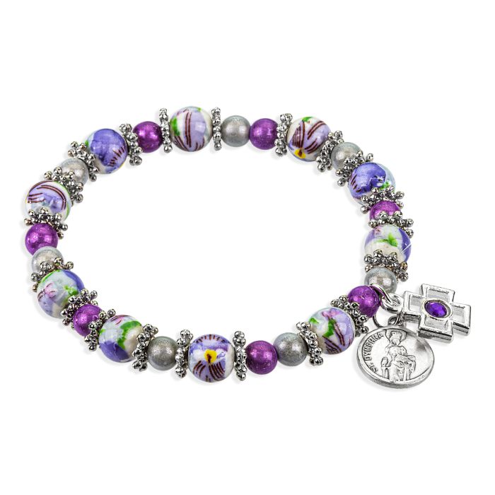 Purple and Amethyst Blessed Beads Bracelet with Saint Dymphna Medal