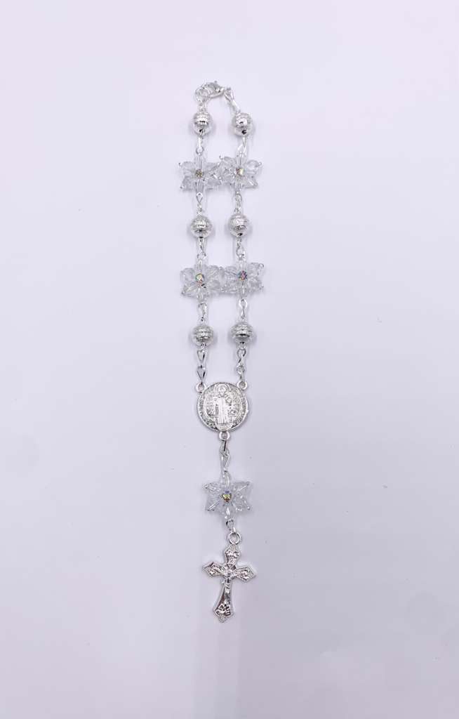 SILVER ONE-DECADE ROSARY WITH  CLEAR STARS