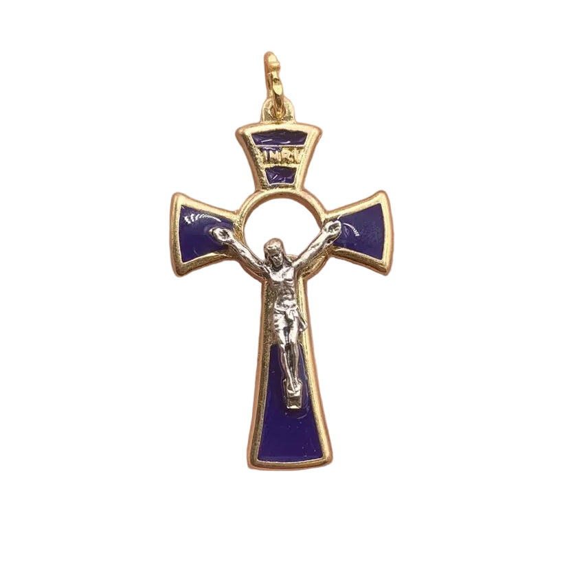 1.5" SMALL GOLD AND BLUE  ROUND CRUCIFIX