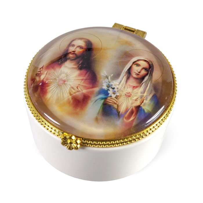 Porcelain Rosary Box with the Sacred Hearts Glass Cover 1 1/2" high x 2 3/8" diameter-P65