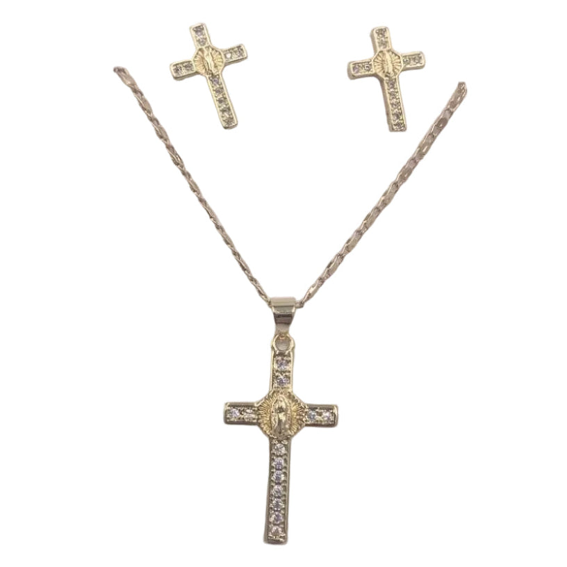 GOLD PLATED CRUCIFIX WITH OUR LADY OF GUADALUPE NECKLACE WITH EARING SET