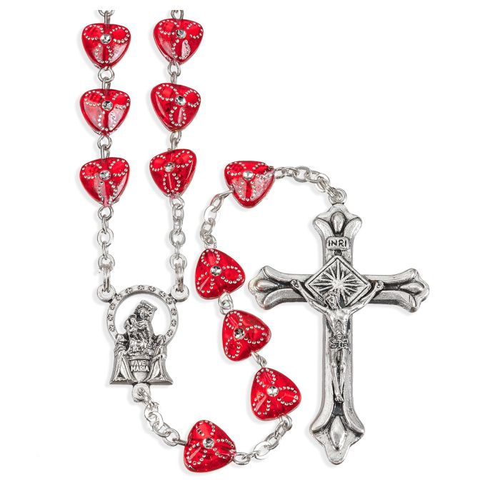 RUBY ETCHED HEART SHAPED BEAD ROSARY