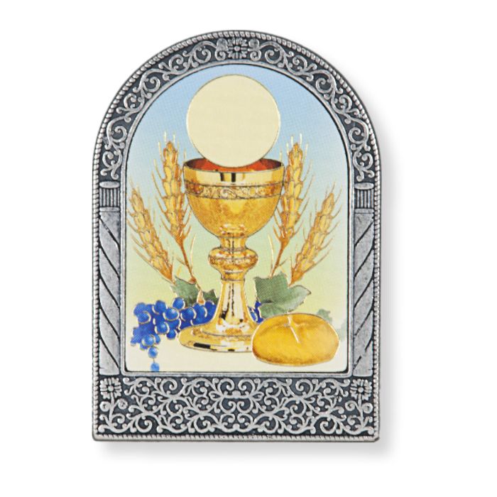2" x 2 3/4" Antique Silver Standing Metal Arch Frame with Gold Embossed Communion Image