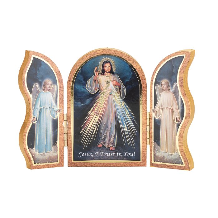 Divine Mercy Standing Natural Wood Triptych