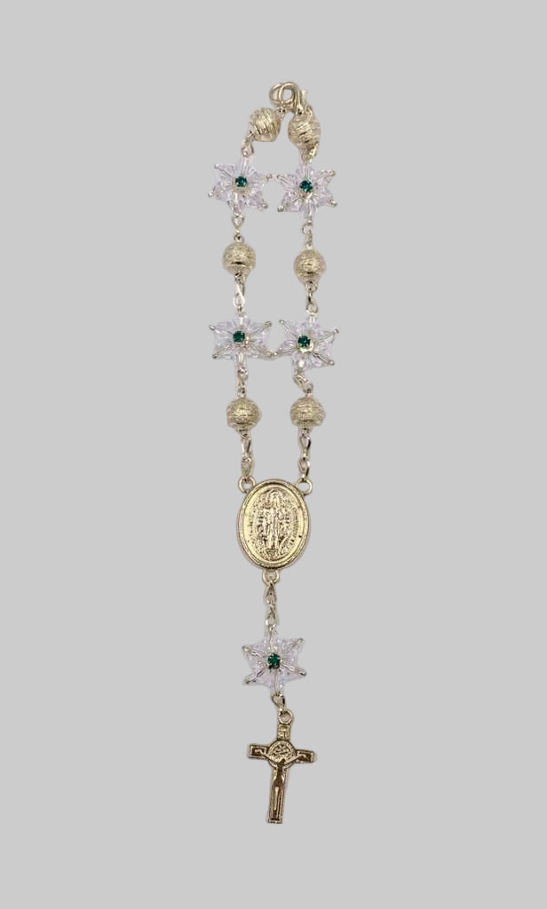 GOLD  ONE-DECADE ROSARY WITH ST BENEDICT MEDAL AND CLEAR STARS