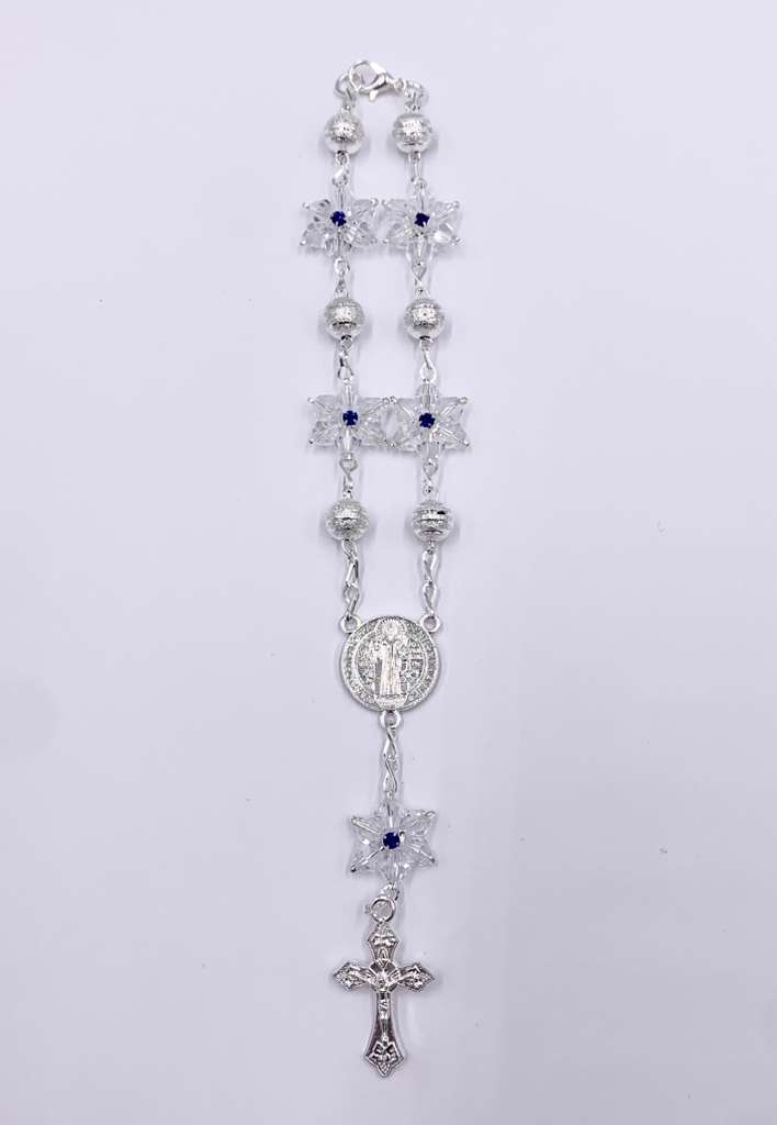 SILVER ONE-DECADE ROSARY WITH  CLEAR STARS