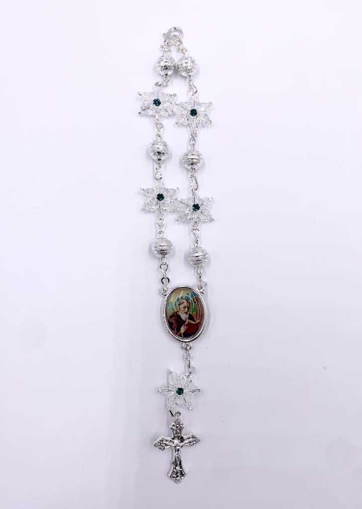 SILVER ONE-DECADE ROSARY WITH  CLEAR STARS