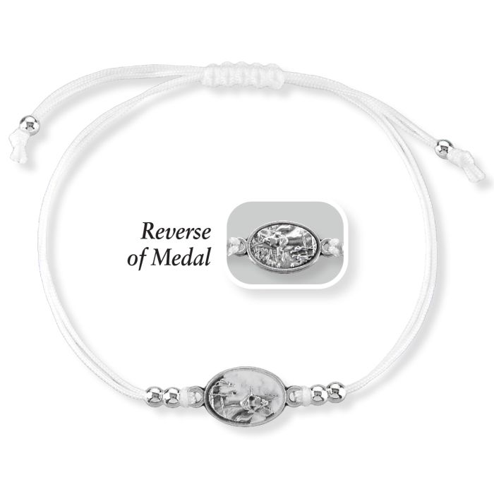 White Cord Bracelet with Guardian Angel Medal and Accent Beads