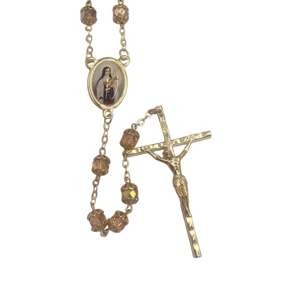23" GOLD AND PINK ROSARY WITH ST THERESA CENTER