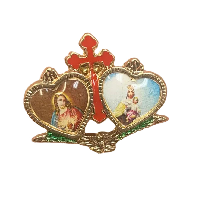 SACRED HEART AND OUR LADY OF CARMEL HEARTS GOLD PIN