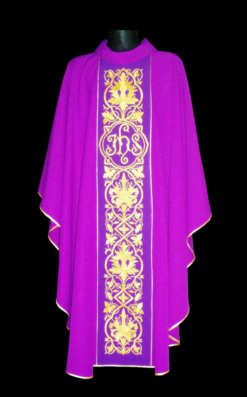PURPLE CHASUBLE WITH JHS GOLD SYMBOL