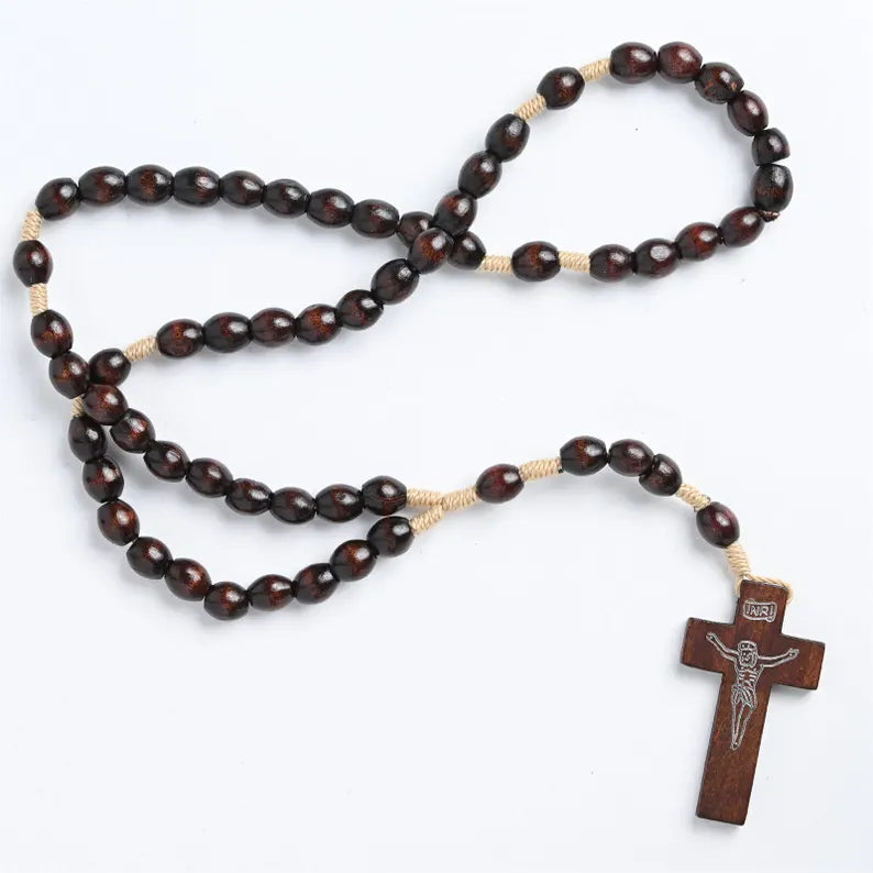 Brown Wood Beaded Rosary with Corded String & Small Wooden Crucifix