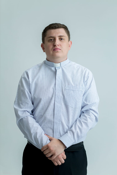 Blue plaid shirt with Priest Collar
