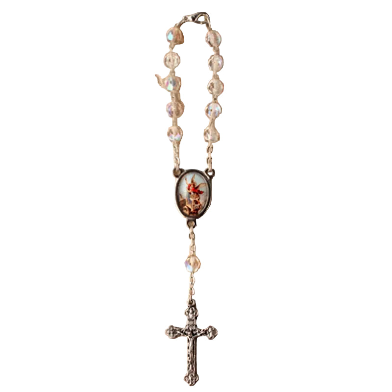 ST. MICHAEL  CLEAR BEAD CAR ROSARY