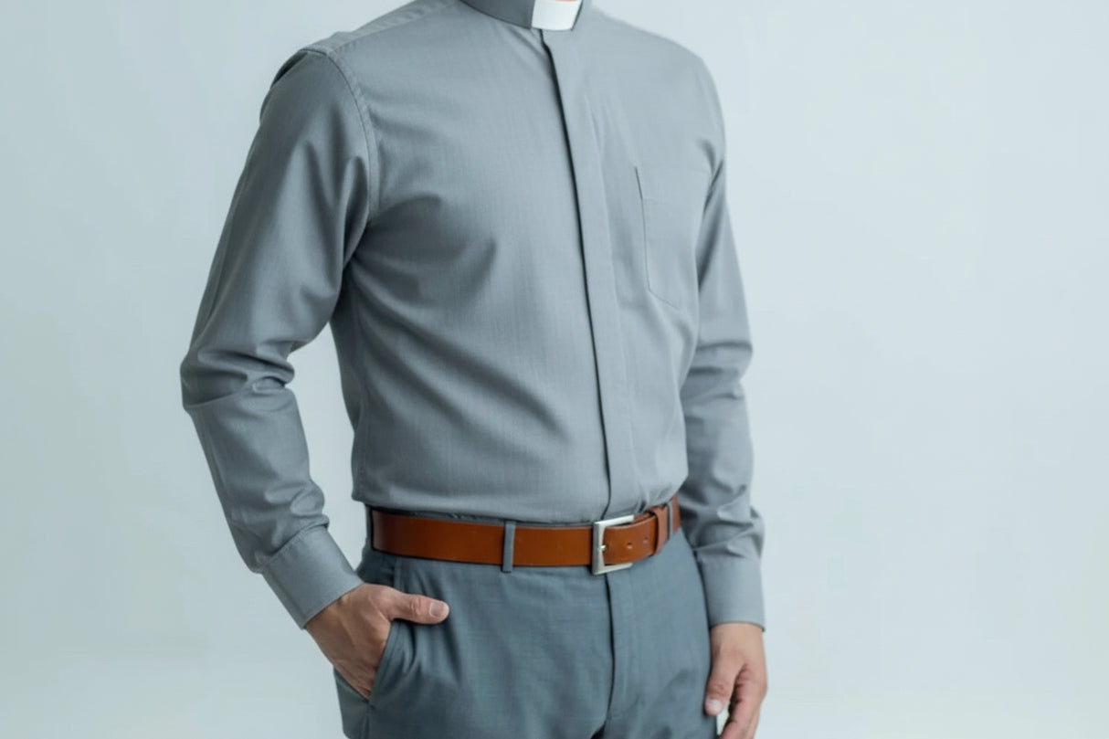 Gray Long Sleeve Tab Collar Clergy Shirt