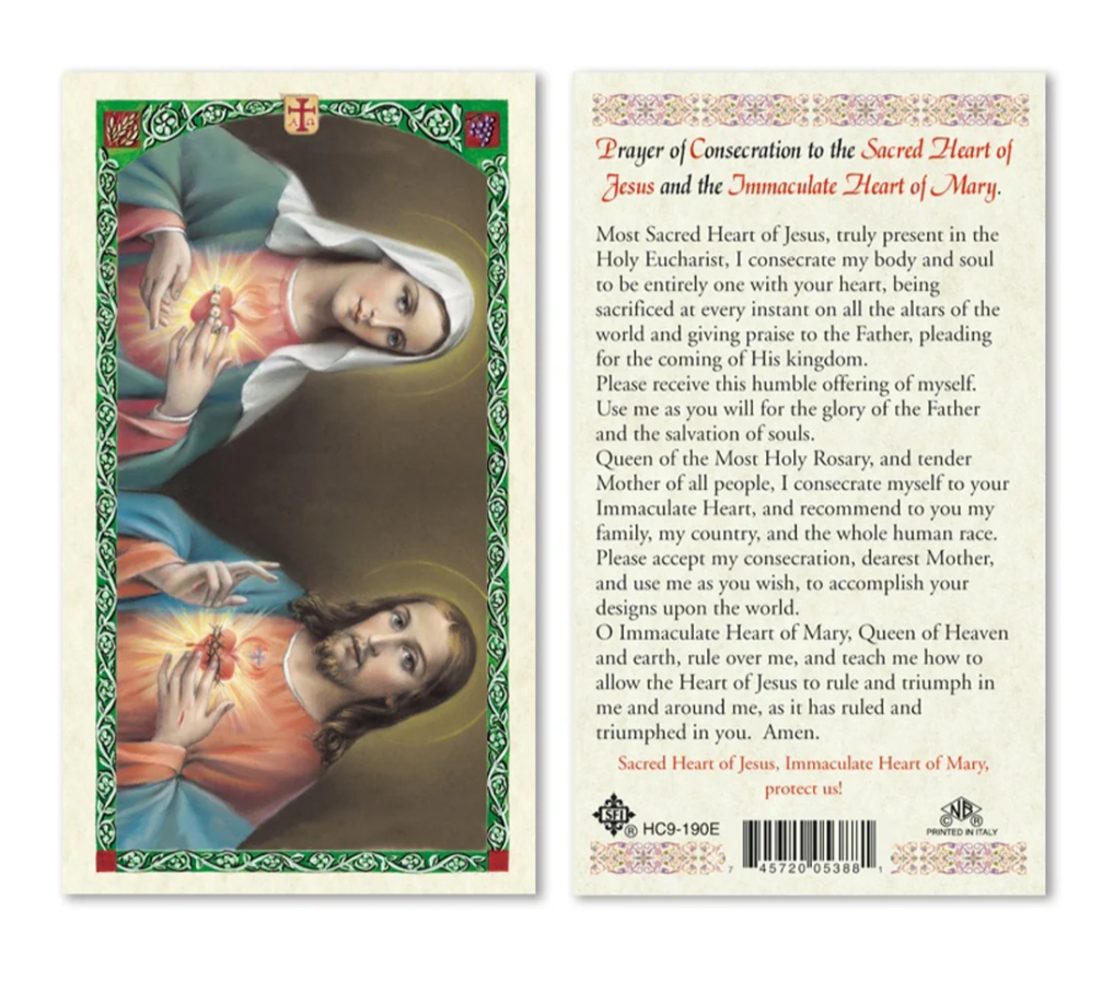 Laminated Sacred Heart of Jesus & Immaculate Heart of Mary Holy Prayer Card