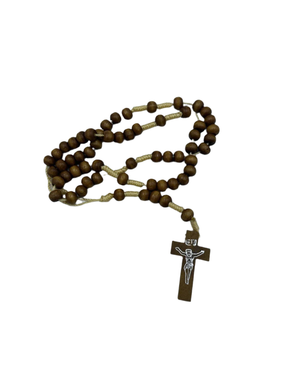 Wood Beaded Rosary with Corded String & Small Wooden Crucifix