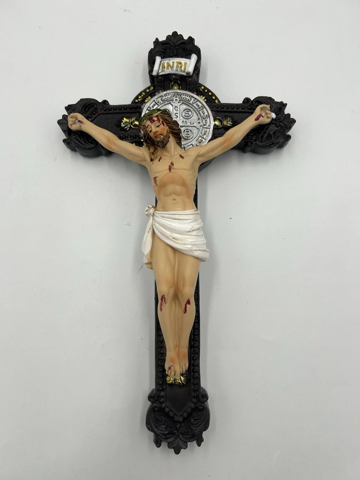 Wall Resin Crucifix with St. Benedict Medal 15"x9" C3-C