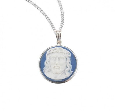 Genuine Cameo 1-1/16" Round Blue Head of Christ with Sterling Silver Rim on a 20" Ch-Bxd
